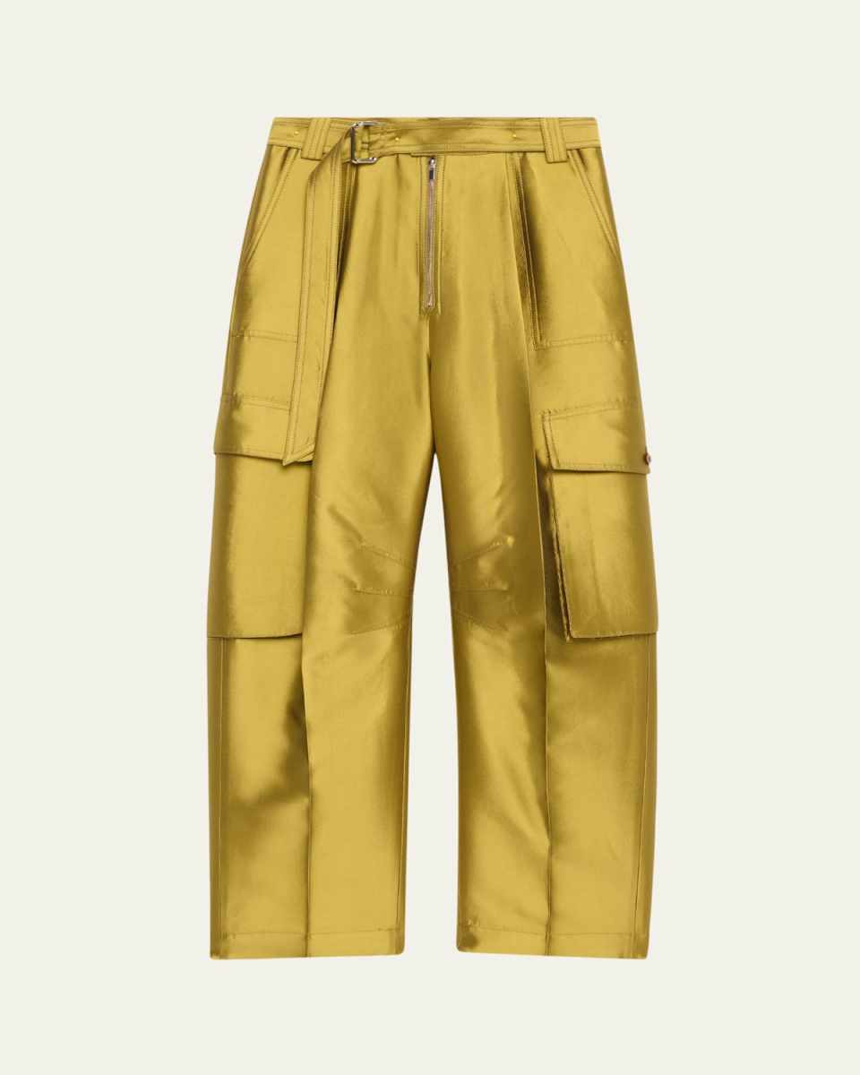 Belted Straight Leg Silk Cargo Pants